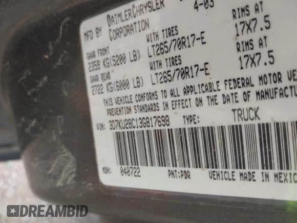 ✅ 2003 Dodge 2500 ST • VIN: 3D7KU28C13G817698 • Lot: 43191073. Listed on IAAI with 154,717 mi. Free auction sales archive from the USA and detailed vehicle history report at DreamBid. Image 9.