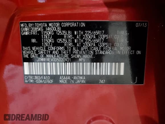 ✅ 2013 Toyota RAV4 XLE • VIN: JTMRFREV0D5020921 • Лот: 87399125. Опубликован ранее на Copart с пробегом 134 869 миль. Бесплатный доступ к архиву аукционных продаж из США и подробный отчёт об истории автомобиля на DreamBid. Изображение 14.