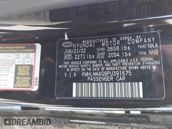 ✅ 2023 Hyundai Elantra SEL • VIN: KMHLM4AG8PU391675 • Lot: 43163200. Listed on IAAI with 59,356 mi. Free auction sales archive from the USA and detailed vehicle history report at DreamBid. Image 9.