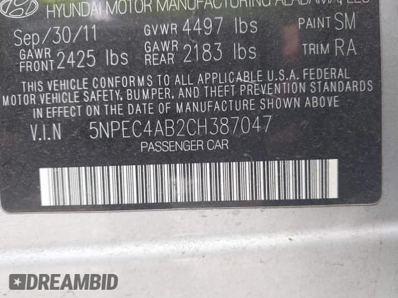 ✅ 2012 Hyundai Sonata SE • VIN: 5NPEC4AB2CH387047 • Lot: 43681678. Listed on IAAI with 171,900 mi. Free auction sales archive from the USA and detailed vehicle history report at DreamBid. Image 9.