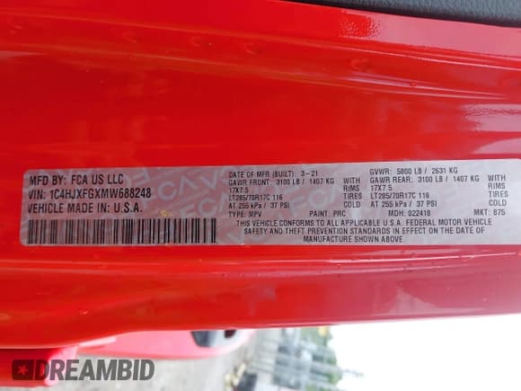 ✅ 2021 Jeep Wrangler Unlimited Rubicon • VIN: 1C4HJXFGXMW688248 • Lot: 42254446. Listed on IAAI with 4,073 mi. Free auction sales archive from the USA and detailed vehicle history report at DreamBid. Image 9.