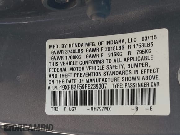 ✅ 2015 Honda Civic LX • VIN: 19XFB2F59FE239307 • Lot: 43430199. Wystawiony na IAAI z przebiegiem 136 906 mil. Bezpłatny archiwum sprzedaży aukcyjnych z USA i szczegółowy raport historii pojazdu na DreamBid. Zdjęcie 9.
