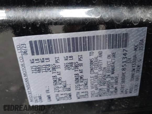 ✅ 2023 Nissan Rogue SV • VIN: 5N1BT3BB0PC851347 • Lot: 43582263. Wystawiony na IAAI z przebiegiem 54 629 mil. Bezpłatny archiwum sprzedaży aukcyjnych z USA i szczegółowy raport historii pojazdu na DreamBid. Zdjęcie 9.