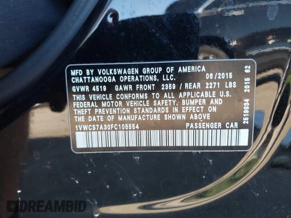 ✅ 2015 Volkswagen Passat SEL Premium • VIN: 1VWCS7A30FC105554 • Lot: 43071564. Listed on IAAI with 157,989 mi. Free auction sales archive from the USA and detailed vehicle history report at DreamBid. Image 9.