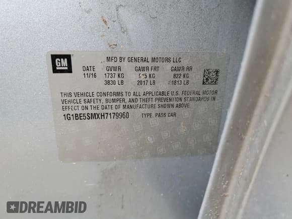 ✅ 2017 Chevrolet Cruze LT • VIN: 1G1BE5SMXH7179960 • Lot: 40451553. Listed on Copart with 112,200 mi. Free auction sales archive from the USA and detailed vehicle history report at DreamBid. Image 13.