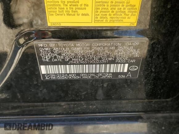 ✅ 2009 Lexus GS 350 • VIN: JTHCE96S190023391 • Lot: 90894435. Listed on Copart with 212,311 mi. Free auction sales archive from the USA and detailed vehicle history report at DreamBid. Image 12.