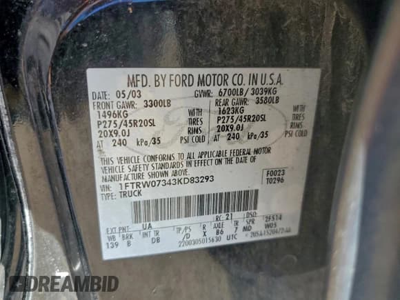 ✅ 2003 Ford F-150 Harley-Davidson • VIN: 1FTRW07343KD83293 • Лот: 94547995. Опубликован ранее на Copart с пробегом 176 233 миль. Бесплатный доступ к архиву аукционных продаж из США и подробный отчёт об истории автомобиля на DreamBid. Изображение 12.