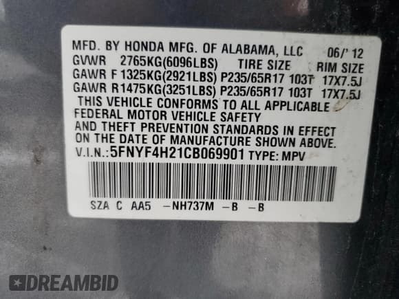 ✅ 2012 Honda Pilot LX • VIN: 5FNYF4H21CB069901 • Лот: 87867385. Опубликован ранее на Copart с пробегом 163 158 миль. Бесплатный доступ к архиву аукционных продаж из США и подробный отчёт об истории автомобиля на DreamBid. Изображение 13.