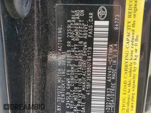 2011 Toyota Camry LE с VIN 4T1BF3EK9BU768179, выставлен на аукционе Copart как лот 67048764 с пробегом 96 576 миль миль и На запчасти • Non repairable. История ставок и продаж доступна на DreamBid. Изображение 14.