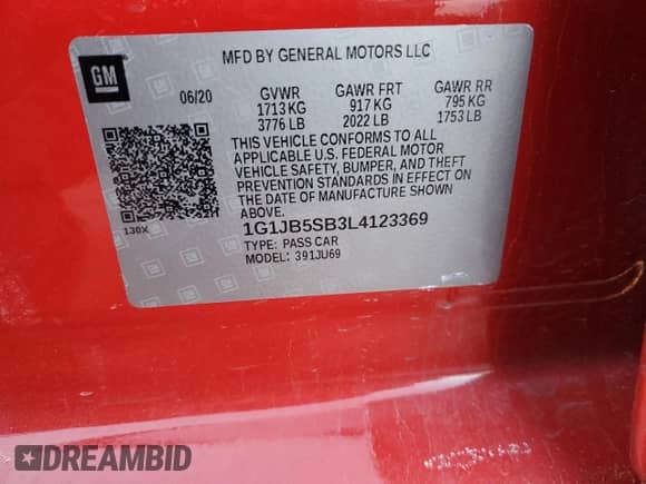 2020 Chevrolet Sonic LS с VIN 1G1JB5SB3L4123369, выставлен на аукционе Copart как лот 41375845 с пробегом 94 206 миль миль и Списание • Salvage title. История ставок и продаж доступна на DreamBid. Изображение 12.