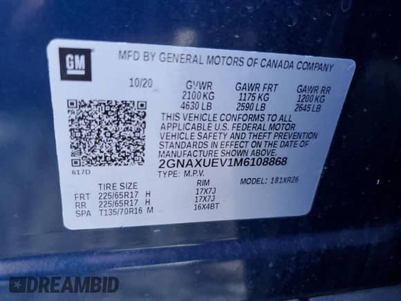 2021 Chevrolet Equinox LT with VIN 2GNAXUEV1M6108868, listed as a Copart auction lot 81559575 with 111,576 mi miles and Salvage title. Bid and sale history available at DreamBid. Image 13.