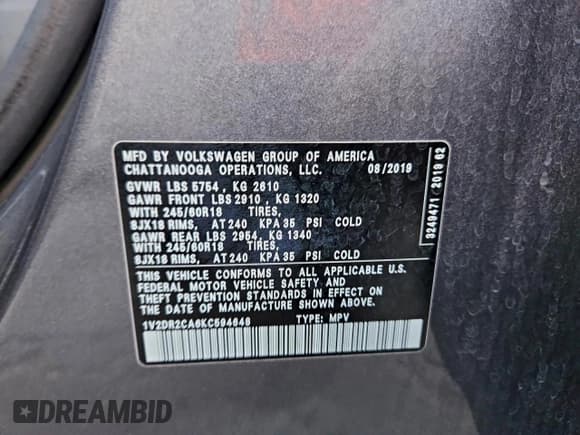 ✅ 2019 Volkswagen Atlas SE • VIN: 1V2DR2CA6KC594648 • Lot: 96090475. Listed on Copart with 91,452 mi. Free auction sales archive from the USA and detailed vehicle history report at DreamBid. Image 12.