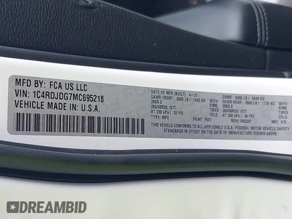 ✅ 2021 Dodge Durango GT • VIN: 1C4RDJDG7MC695218 • Lot: 42266277. Listed on IAAI with 36,573 mi. Free auction sales archive from the USA and detailed vehicle history report at DreamBid. Image 9.