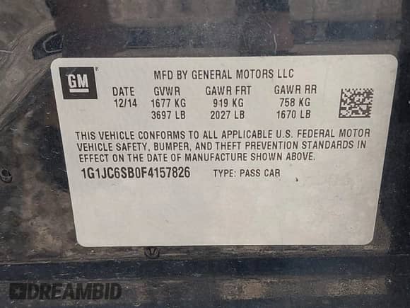 2015 Chevrolet Sonic LT z VIN 1G1JC6SB0F4157826, wystawiony jako IAAI lot #42503574 z przebiegiem 101 437 mil mil oraz . Historia ofert i sprzedaży dostępna na DreamBid. Obrazek 9.