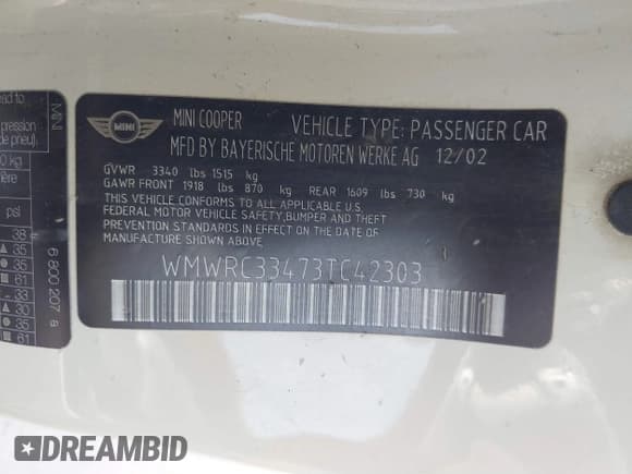 ✅ 2003 MINI Hardtop • VIN: WMWRC33473TC42303 • Лот: 41264575. Опубликован ранее на IAAI с пробегом 159 290 миль. Бесплатный доступ к архиву аукционных продаж из США и подробный отчёт об истории автомобиля на DreamBid. Изображение 9.
