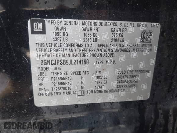 2018 Chevrolet Trax LT с VIN 3GNCJPSB9JL214160, выставлен на аукционе IAAI как лот 43179399 с пробегом 90 520 миль миль и . История ставок и продаж доступна на DreamBid. Изображение 9.