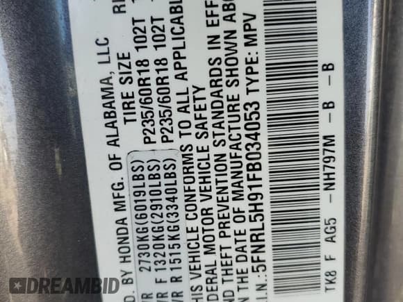 ✅ 2015 Honda Odyssey Touring Elite • VIN: 5FNRL5H91FB034053 • Lot: 83612654. Listed on Copart with Not provided. Free auction sales archive from the USA and detailed vehicle history report at DreamBid. Image 13.