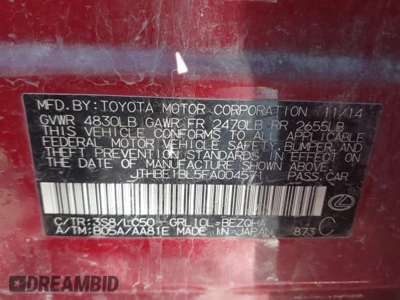 ✅ 2015 Lexus GS 350 • VIN: JTHBE1BL5FA004571 • Lot: 43729248. Listed on IAAI with 98,865 mi. Free auction sales archive from the USA and detailed vehicle history report at DreamBid. Image 9.