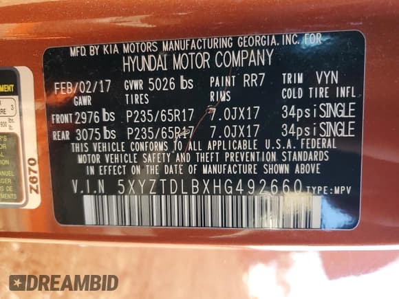 ✅ 2017 Hyundai Santa Fe 2.4L • VIN: 5XYZTDLBXHG492660 • Лот: 89640935. Опубликован ранее на Copart с пробегом 115 170 миль. Бесплатный доступ к архиву аукционных продаж из США и подробный отчёт об истории автомобиля на DreamBid. Изображение 12.