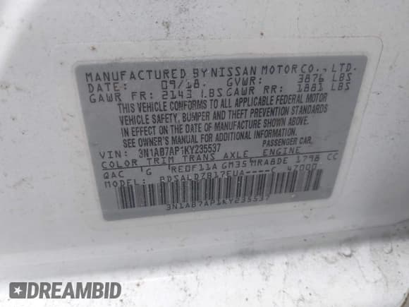 ✅ 2019 Nissan Sentra SV • VIN: 3N1AB7AP1KY235537 • Lot: 43546315. Listed on IAAI with 125,725 mi. Free auction sales archive from the USA and detailed vehicle history report at DreamBid. Image 9.