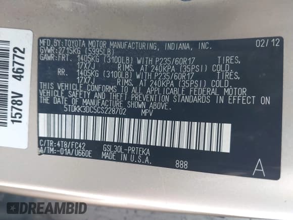 ✅ 2012 Toyota Sienna LE • VIN: 5TDKK3DC5CS228702 • Лот: 43922596. Опубликован ранее на IAAI с пробегом 187 141 миль. Бесплатный доступ к архиву аукционных продаж из США и подробный отчёт об истории автомобиля на DreamBid. Изображение 9.