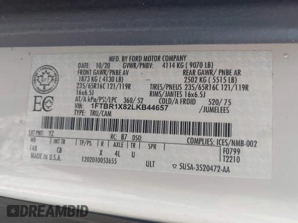 ✅ 2020 Ford Transit Cargo • VIN: 1FTBR1X82LKB44657 • Лот: 42830876. Опубликован ранее на IAAI с пробегом 109 740 миль. Бесплатный доступ к архиву аукционных продаж из США и подробный отчёт об истории автомобиля на DreamBid. Изображение 9.