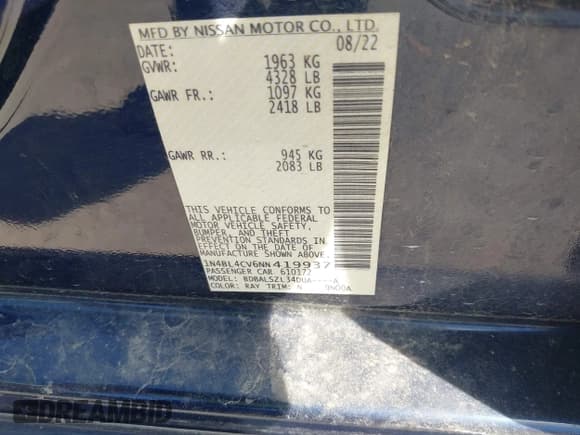 ✅ 2022 Nissan Altima SR • VIN: 1N4BL4CV6NN419937 • Lot: 43080461. Wystawiony na IAAI z przebiegiem 56 695 mil. Bezpłatny archiwum sprzedaży aukcyjnych z USA i szczegółowy raport historii pojazdu na DreamBid. Zdjęcie 9.