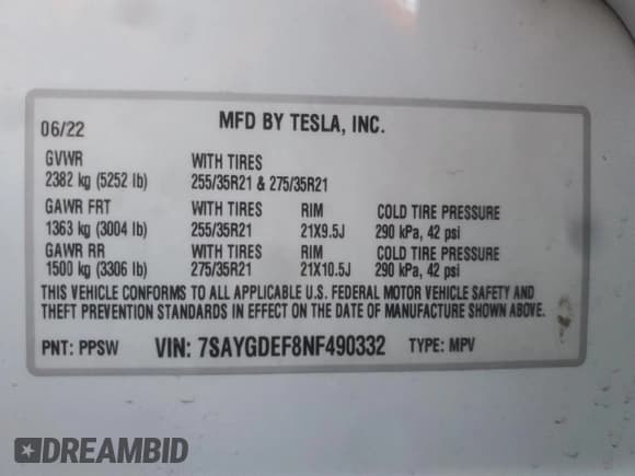 ✅ 2022 Tesla Model Y Performance • VIN: 7SAYGDEF8NF490332 • Lot: 71229425. Listed on Copart with 77,145 mi. Free auction sales archive from the USA and detailed vehicle history report at DreamBid. Image 13.