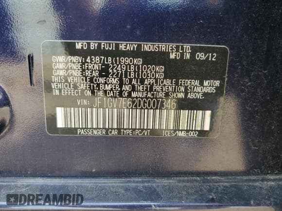 ✅ 2013 Subaru WRX WRX • VIN: JF1GV7E62DG007346 • Lot: 67134885. Listed on Copart with 117,257 mi. Free auction sales archive from the USA and detailed vehicle history report at DreamBid. Image 12.