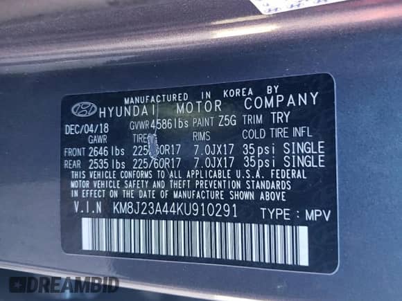 2019 Hyundai Tucson SE z VIN KM8J23A44KU910291, wystawiony jako Copart lot #86820405 z przebiegiem 61 875 mil mil oraz Szkoda całkowita • Salvage title. Historia ofert i sprzedaży dostępna na DreamBid. Obrazek 12.