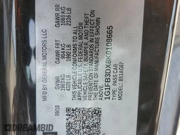 2019 Chevrolet Camaro 1LT с VIN 1G1FB3DX8K0108665, выставлен на аукционе Copart как лот 63430405 с пробегом 62 171 миль миль и Списание • Salvage title. История ставок и продаж доступна на DreamBid. Изображение 12.