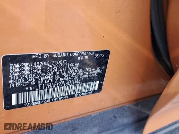 ✅ 2022 Subaru WRX Premium • VIN: JF1VBAF69N9010441 • Lot: 82551945. Listed on Copart with 19,979 mi. Free auction sales archive from the USA and detailed vehicle history report at DreamBid. Image 12.