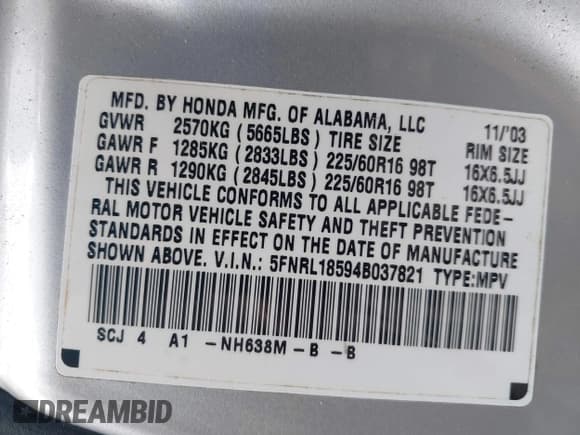✅ 2004 Honda Odyssey LX • VIN: 5FNRL18594B037821 • Lot: 42947494. Wystawiony na IAAI z przebiegiem 111 083 mil. Bezpłatny archiwum sprzedaży aukcyjnych z USA i szczegółowy raport historii pojazdu na DreamBid. Zdjęcie 9.