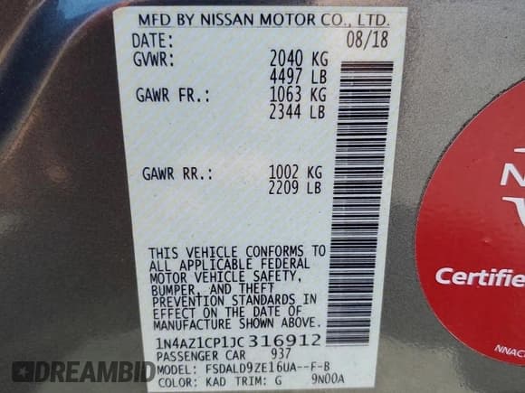 ✅ 2018 Nissan LEAF SV • VIN: 1N4AZ1CP1JC316912 • Lot: 54693045. Listed on Copart with 49,031 mi. Free auction sales archive from the USA and detailed vehicle history report at DreamBid. Image 13.