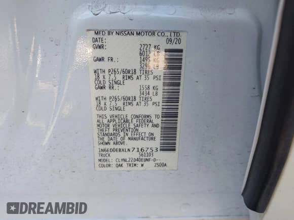 2020 Nissan Frontier SV with VIN 1N6ED0EBXLN716753, listed as a IAAI auction lot 43182025 with 54,775 mi miles and . Bid and sale history available at DreamBid. Image 9.