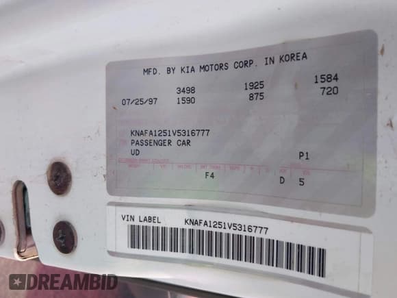 ✅ 1997 Kia Sephia RS • VIN: KNAFA1251V5316777 • Lot: 42620147. Wystawiony na IAAI z przebiegiem 125 342 mil. Bezpłatny archiwum sprzedaży aukcyjnych z USA i szczegółowy raport historii pojazdu na DreamBid. Zdjęcie 9.