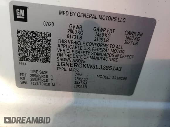 2020 Chevrolet Traverse LT Cloth with VIN 1GNERGKW3LJ285143, listed as a Copart auction lot 91207605 with 62,474 mi miles and Clean title. Bid and sale history available at DreamBid. Image 13.