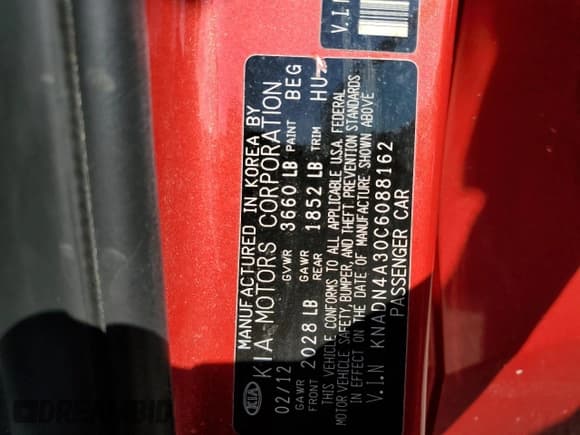 ✅ 2012 Kia Rio EX • VIN: KNADN4A30C6088162 • Lot: 66805895. Listed on Copart with 126,861 mi. Free auction sales archive from the USA and detailed vehicle history report at DreamBid. Image 12.