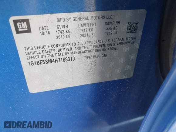 ✅ 2017 Chevrolet Cruze LT • VIN: 1G1BE5SM4H7168310 • Лот: 42540143. Опубликован ранее на IAAI с пробегом 63 810 миль. Бесплатный доступ к архиву аукционных продаж из США и подробный отчёт об истории автомобиля на DreamBid. Изображение 9.