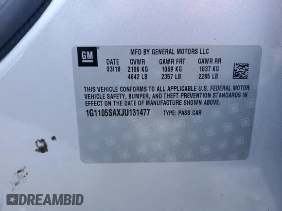 ✅ 2018 Chevrolet Impala LT • VIN: 1G1105SAXJU131477 • Lot: 89521875. Listed on Copart with 130,671 mi. Free auction sales archive from the USA and detailed vehicle history report at DreamBid. Image 12.