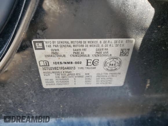 ✅ 2015 GMC Sierra 1500 SLT • VIN: 3GTU2VEC1FG446013 • Lot: 72069605. Wystawiony na Copart z przebiegiem 70 117 mil. Bezpłatny archiwum sprzedaży aukcyjnych z USA i szczegółowy raport historii pojazdu na DreamBid. Zdjęcie 12.