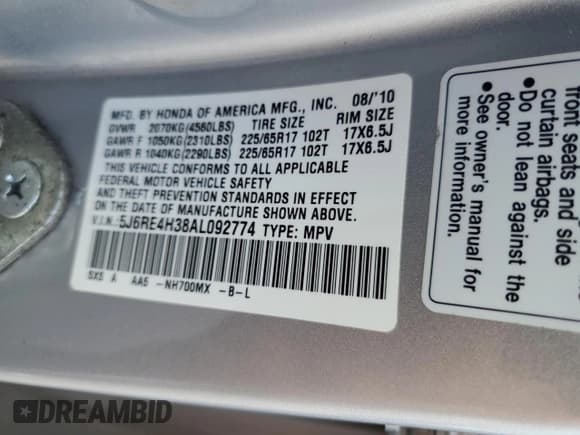 ✅ 2010 Honda CR-V LX • VIN: 5J6RE4H38AL092774 • Lot: 61291605. Listed on Copart with 203,161 mi. Free auction sales archive from the USA and detailed vehicle history report at DreamBid. Image 13.