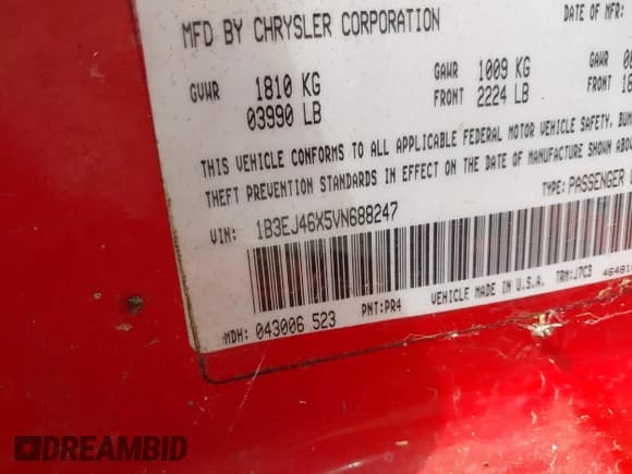 ✅ 1997 Dodge Stratus SE • VIN: 1B3EJ46X5VN688247 • Lot: 43631094. Listed on IAAI with 147,019 mi. Free auction sales archive from the USA and detailed vehicle history report at DreamBid. Image 9.