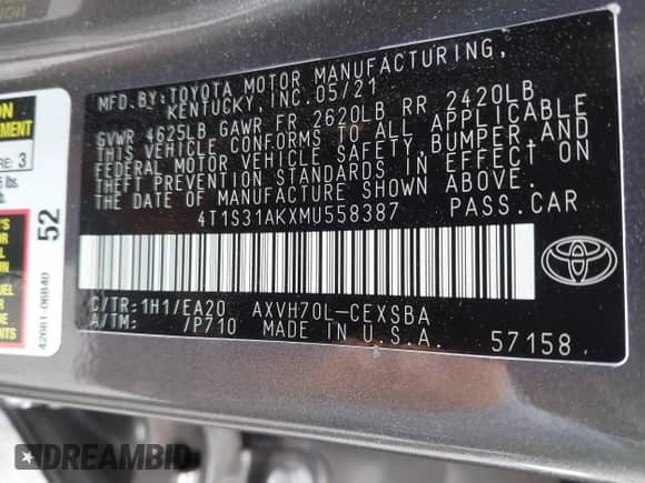 2021 Toyota Camry Hybrid SE z VIN 4T1S31AKXMU558387, wystawiony jako IAAI lot #42202151 z przebiegiem 33 018 mil mil oraz . Historia ofert i sprzedaży dostępna na DreamBid. Obrazek 9.