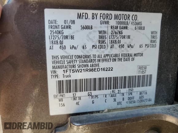 ✅ 2008 Ford F-250 XL • VIN: 1FTSW21R98ED16222 • Lot: 58410105. Listed on Copart with 223,806 mi. Free auction sales archive from the USA and detailed vehicle history report at DreamBid. Image 12.