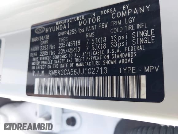 ✅ 2018 Hyundai Kona Limited • VIN: KM8K3CA56JU102713 • Lot: 43321543. Listed on IAAI with 111,872 mi. Free auction sales archive from the USA and detailed vehicle history report at DreamBid. Image 9.