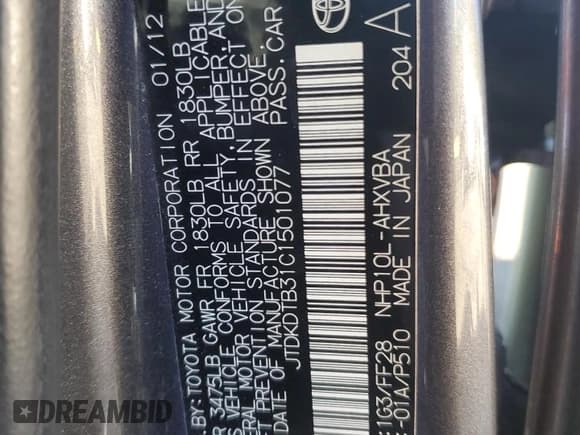 ✅ 2012 Toyota Prius Four • VIN: JTDKDTB31C1501077 • Lot: 82494035. Listed on Copart with 219,169 mi. Free auction sales archive from the USA and detailed vehicle history report at DreamBid. Image 12.