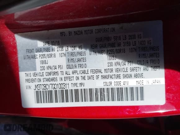 ✅ 2016 Mazda CX-9 Touring • VIN: JM3TCBCY7G0100311 • Lot: 41588448. Listed on IAAI with 115,364 mi. Free auction sales archive from the USA and detailed vehicle history report at DreamBid. Image 9.