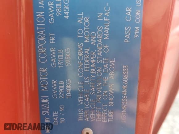 ✅ 1991 Geo Metro • VIN: JG1MR3364MK606333 • Лот: 50208305. Опубликован ранее на Copart с пробегом 3 616 миль. Бесплатный доступ к архиву аукционных продаж из США и подробный отчёт об истории автомобиля на DreamBid. Изображение 14.