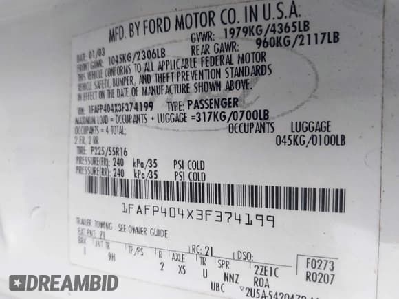 ✅ 2003 Ford Mustang Standard • VIN: 1FAFP404X3F374199 • Lot: 42156866. Listed on IAAI with 224,102 mi. Free auction sales archive from the USA and detailed vehicle history report at DreamBid. Image 9.